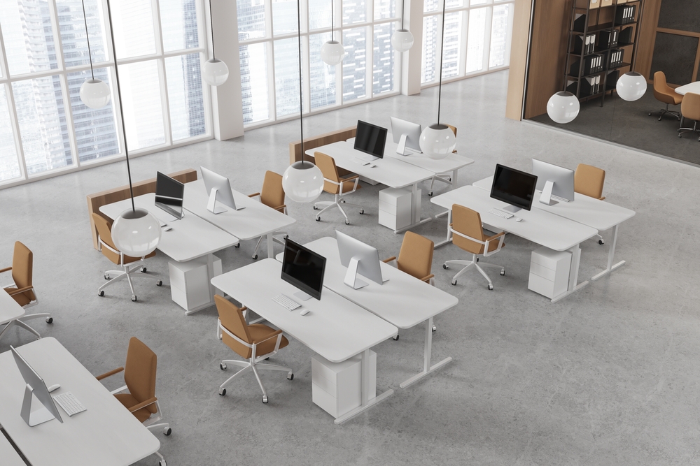 Top,View,Of,Coworking,Interior,With,Armchairs,,Desk,And,Pc