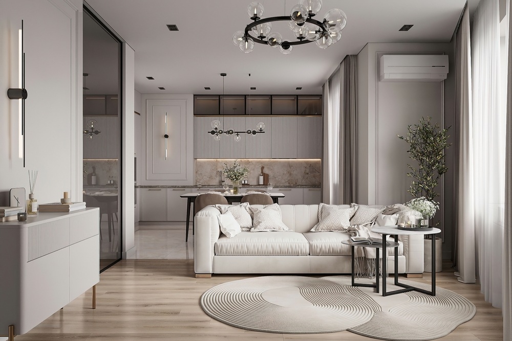 Classic,Contemporary,Style,Living,Room,Space,With,Marble,,Beige,Kitchen