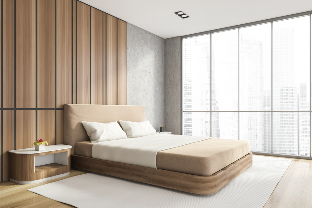 Modern,Stylish,Bedroom,Interior,With,Wooden,Walls,,Parquet,Floor,,Master